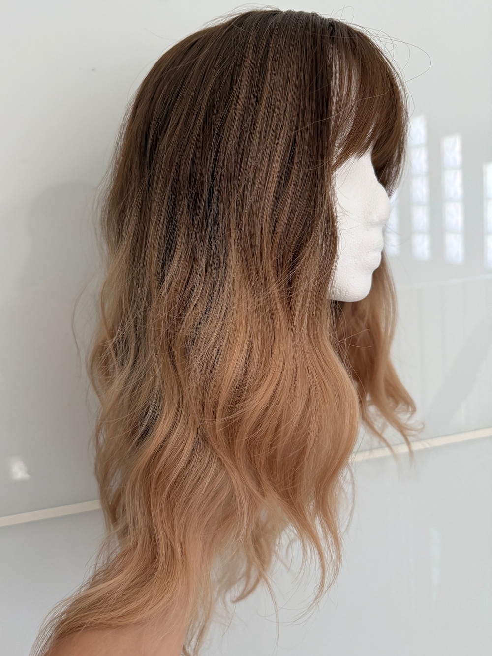 Synthetic Long Wavy Ombre Wig with Bangs - Brown to Blonde